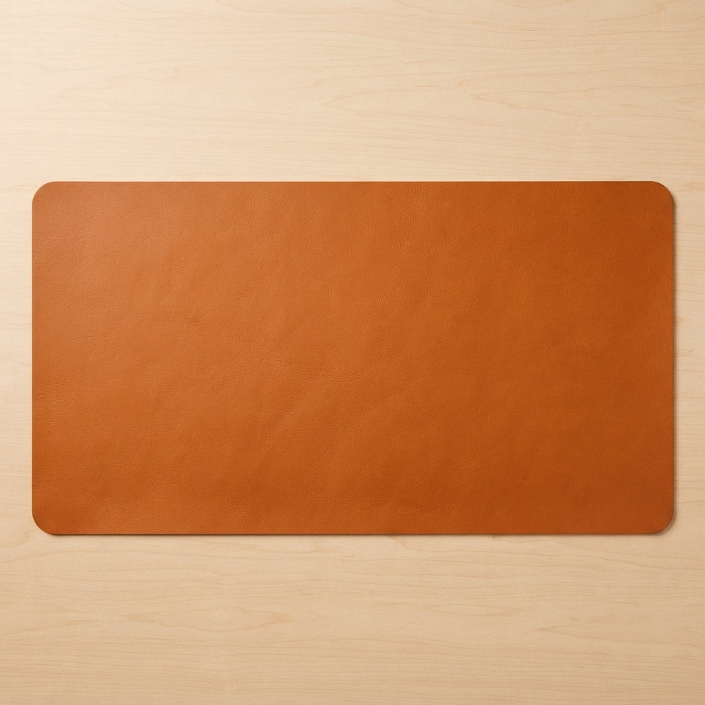 A rectangular tan leather desk mat with rounded corners, displayed flat on a light wood grain surface.