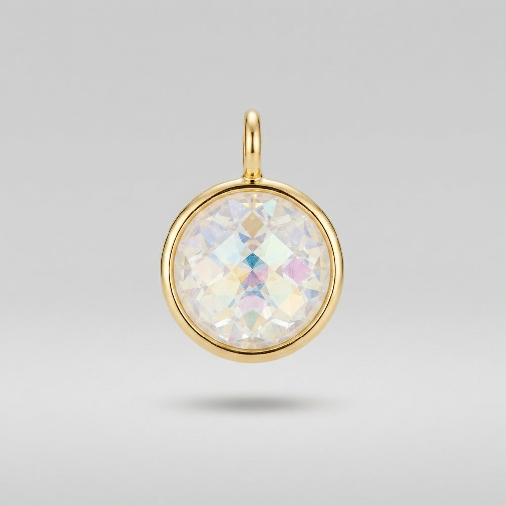 A round iridescent white gemstone pendant in a polished gold bezel setting, suspended against a neutral light gray background.