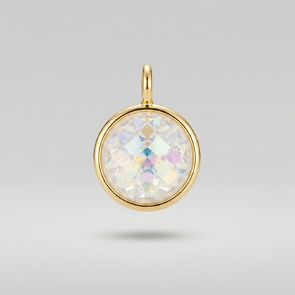 A round iridescent white gemstone pendant in a polished gold bezel setting, suspended against a neutral light gray background.