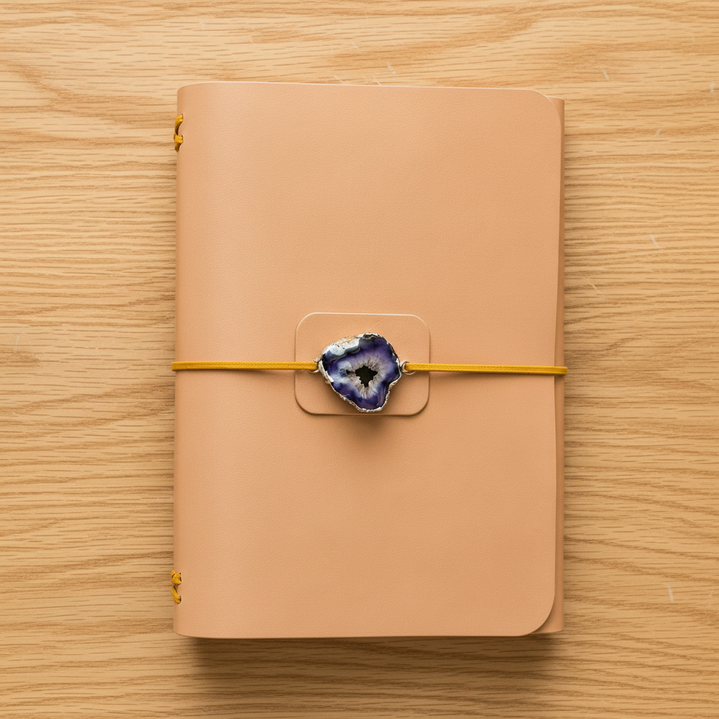 A tan leather journal with gold metal rings and a yellow elastic closure wrapped around the front, featuring a decorative blue agate slice charm, set on a wooden tabletop.