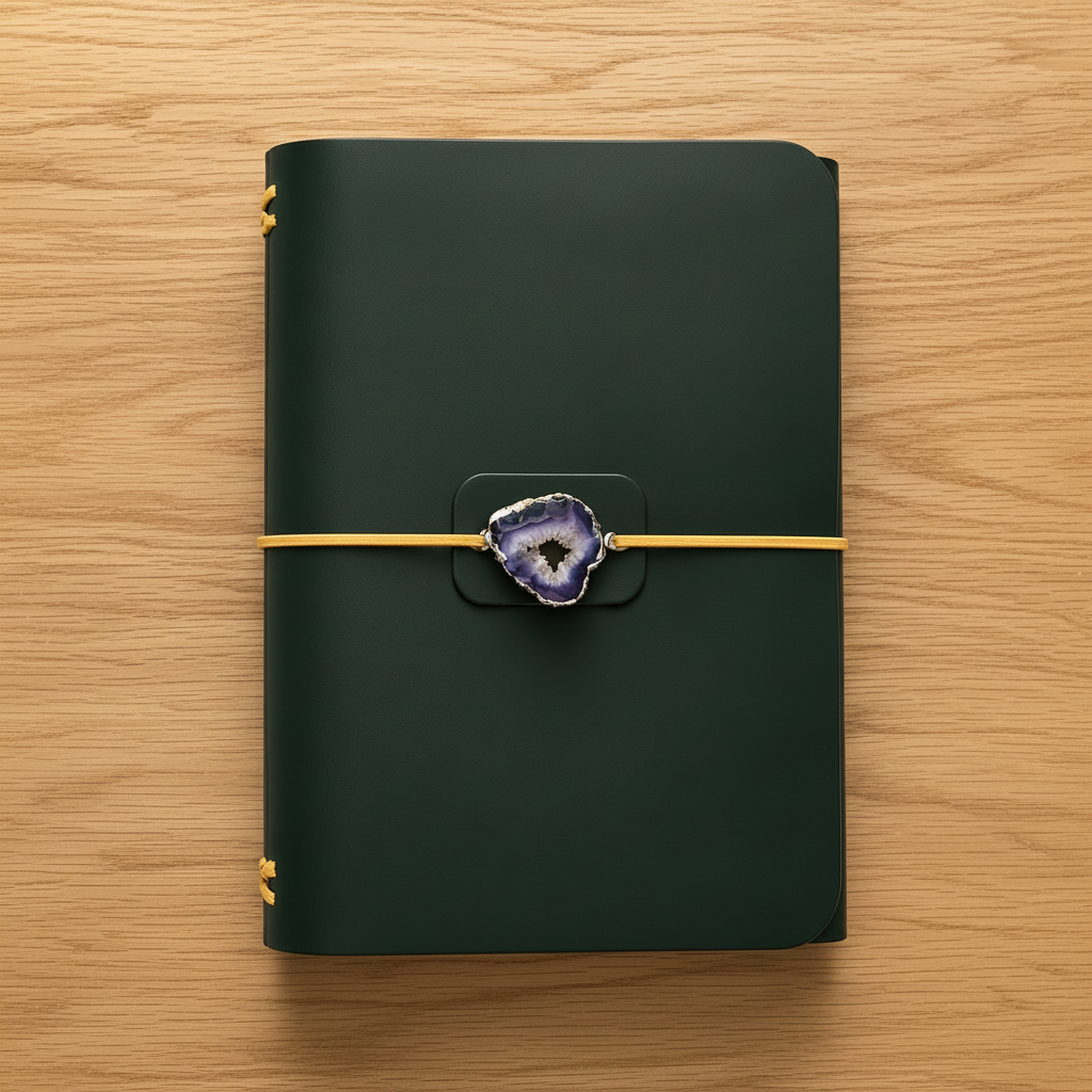 A dark forest green hardcover notebook with a gold elastic closure band and a purple agate slice clasp, laid flat on a wooden surface.