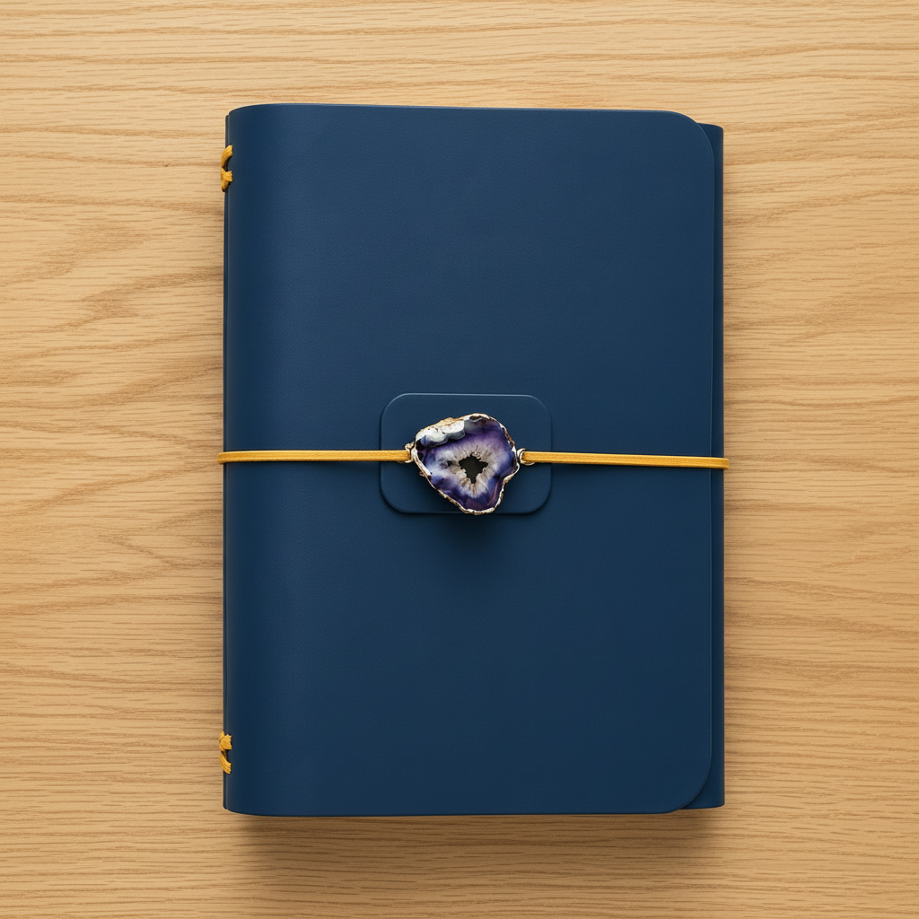 A navy blue hardcover journal with a gold elastic closure strap and a purple agate slice clasp, photographed flat on a wooden surface.