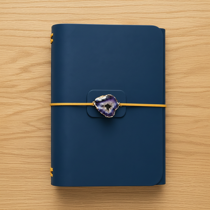 A navy blue hardcover journal with a gold elastic closure strap and a purple agate slice clasp, photographed flat on a wooden surface.