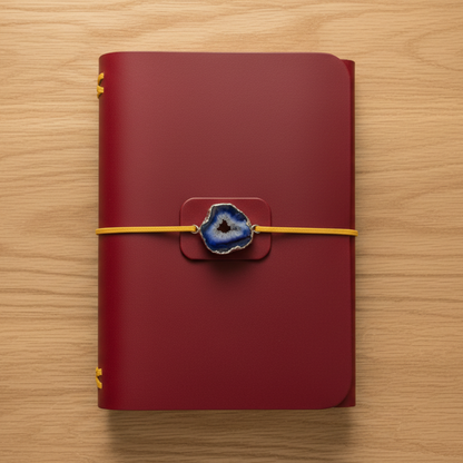 A coral red leather journal with gold stitching and a yellow elastic closure wrapped around the front, featuring a decorative blue agate slice charm, displayed on a wooden surface.