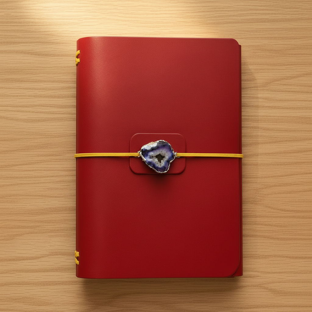 A red hardcover journal with a yellow elastic band and a decorative blue agate slice clasp, displayed flat on a wooden surface.