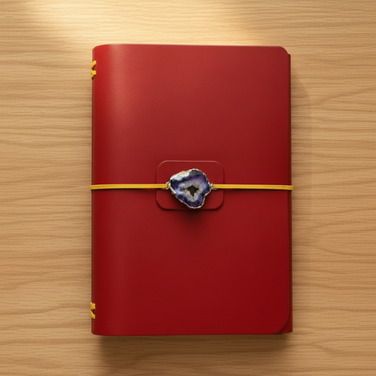 A red hardcover journal with a yellow elastic band and a decorative blue agate slice clasp, displayed flat on a wooden surface.