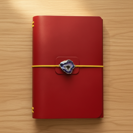 A red hardcover journal with a yellow elastic band and a decorative blue agate slice clasp, displayed flat on a wooden surface.