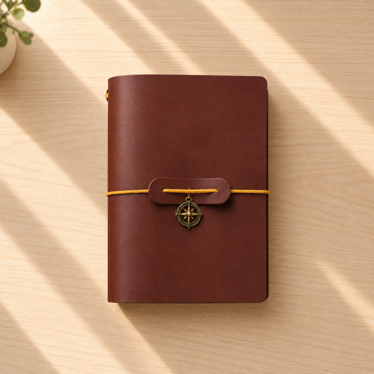 A brown leather journal with a yellow cord wrap and compass charm, placed on a wooden surface with diagonal light shadows.