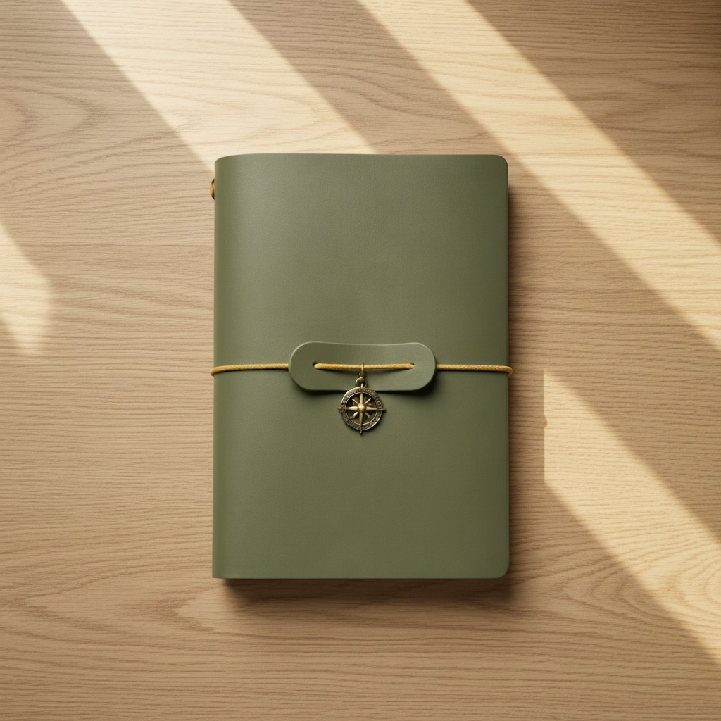 An olive green leather journal with a brass compass charm and gold cord closure, photographed flat on a rustic wooden surface with diagonal sunlight shadows.