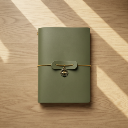 An olive green leather journal with a brass compass charm and gold cord closure, photographed flat on a rustic wooden surface with diagonal sunlight shadows.