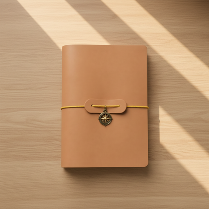 A tan leather journal with a yellow cord wrap and a small compass charm, photographed from above on a wooden surface with diagonal sunlight shadows.