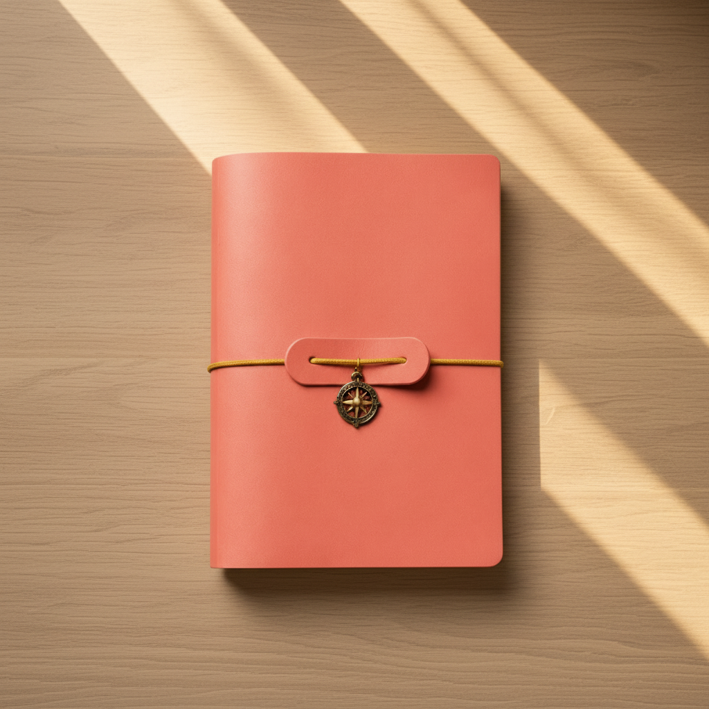 A coral pink leather journal with a strap closure and a small compass charm, placed on a rustic wooden surface with diagonal sunlight shadows.