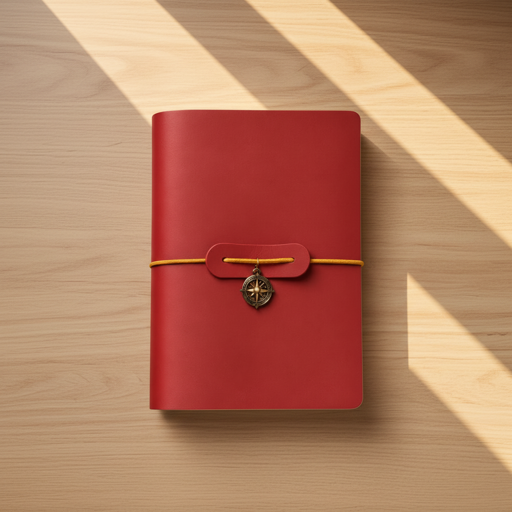 A red leather journal with a yellow cord wrap and a brass compass charm, placed on a rustic wooden surface with diagonal light rays.