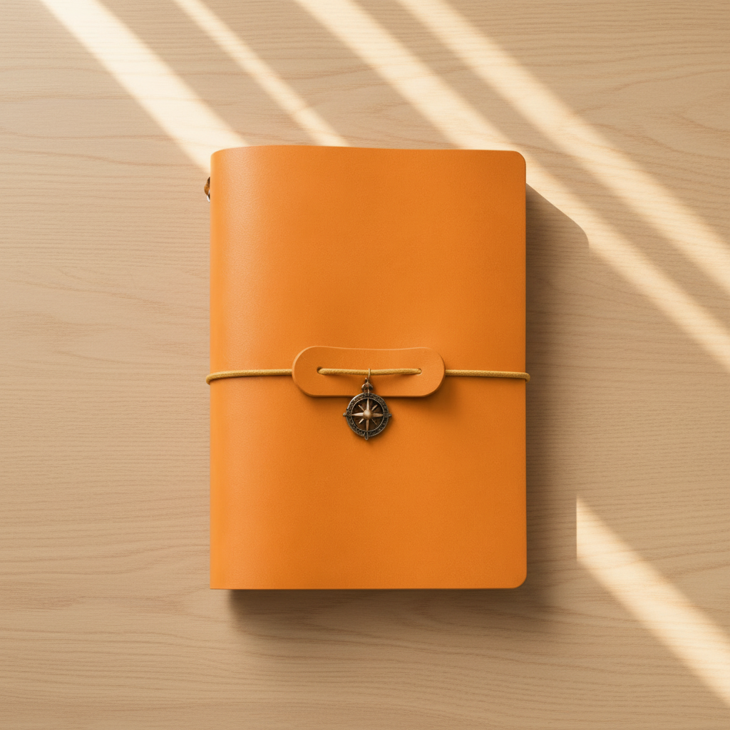 An orange leather journal with a strap closure and compass charm, photographed from above on a wooden surface with diagonal light shadows.