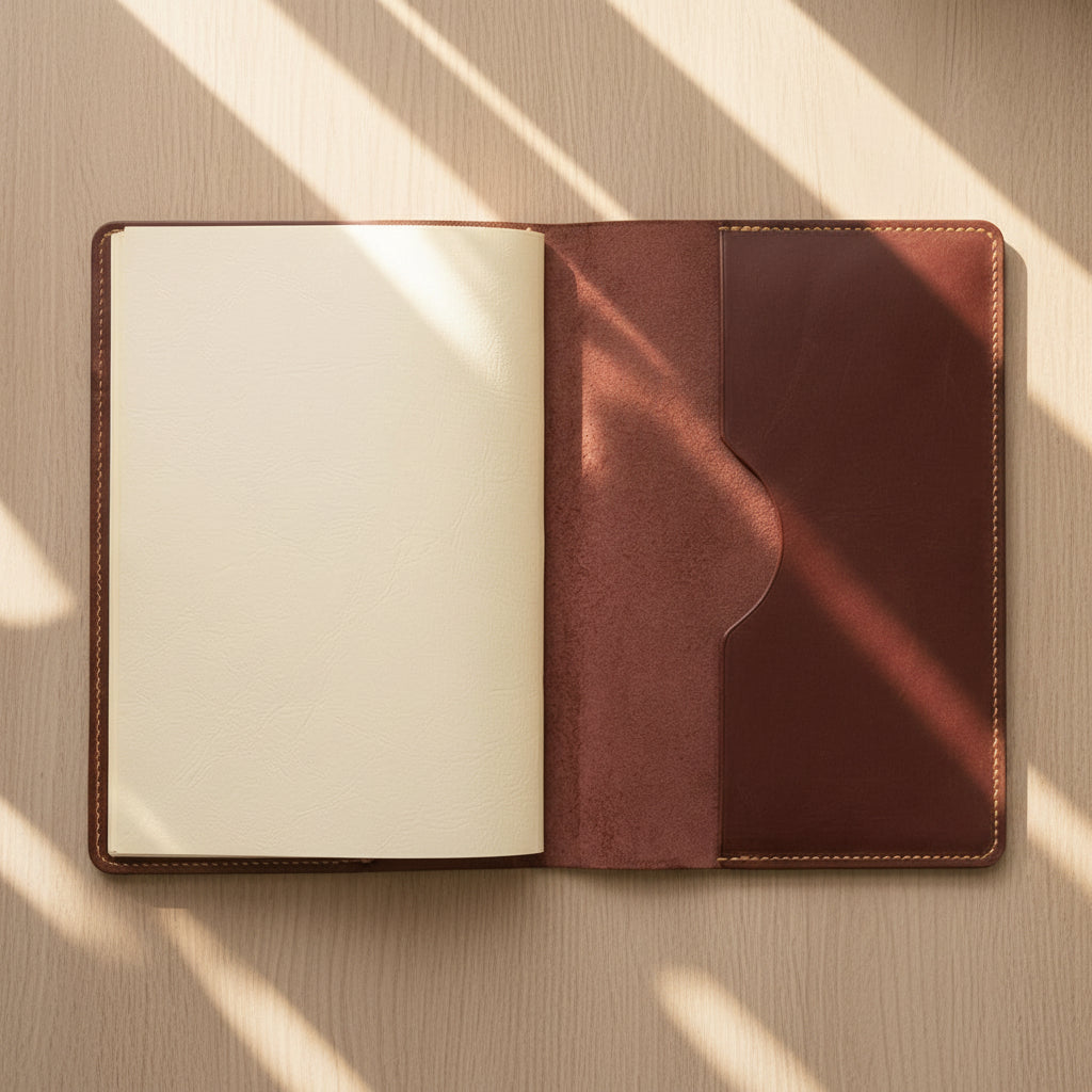 An open leather notebook cover or planner sleeve on a wooden surface, with a blank cream page on the left and a reddish-brown pocket on the right. Sunlight casts diagonal shadows across the scene.