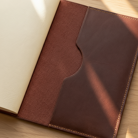 A close-up of a brown leather notebook cover or journal sleeve laid open on a wooden surface, with a cream-colored page visible on the left and a pocket-style pocket on the right.