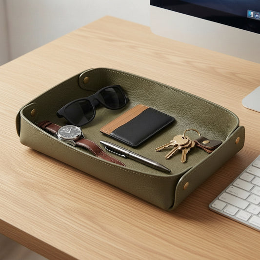 An olive green leather desk organizer tray holding sunglasses, a wallet, keys, a watch, and a pen, styled on a white marble desk next to a computer keyboard and monitor.