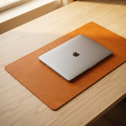 A silver laptop sits on a rectangular tan leather desk mat placed on a light wood table near a window.
