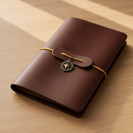A dark brown leather journal with a wrap-around strap and compass charm, resting on a wooden surface.