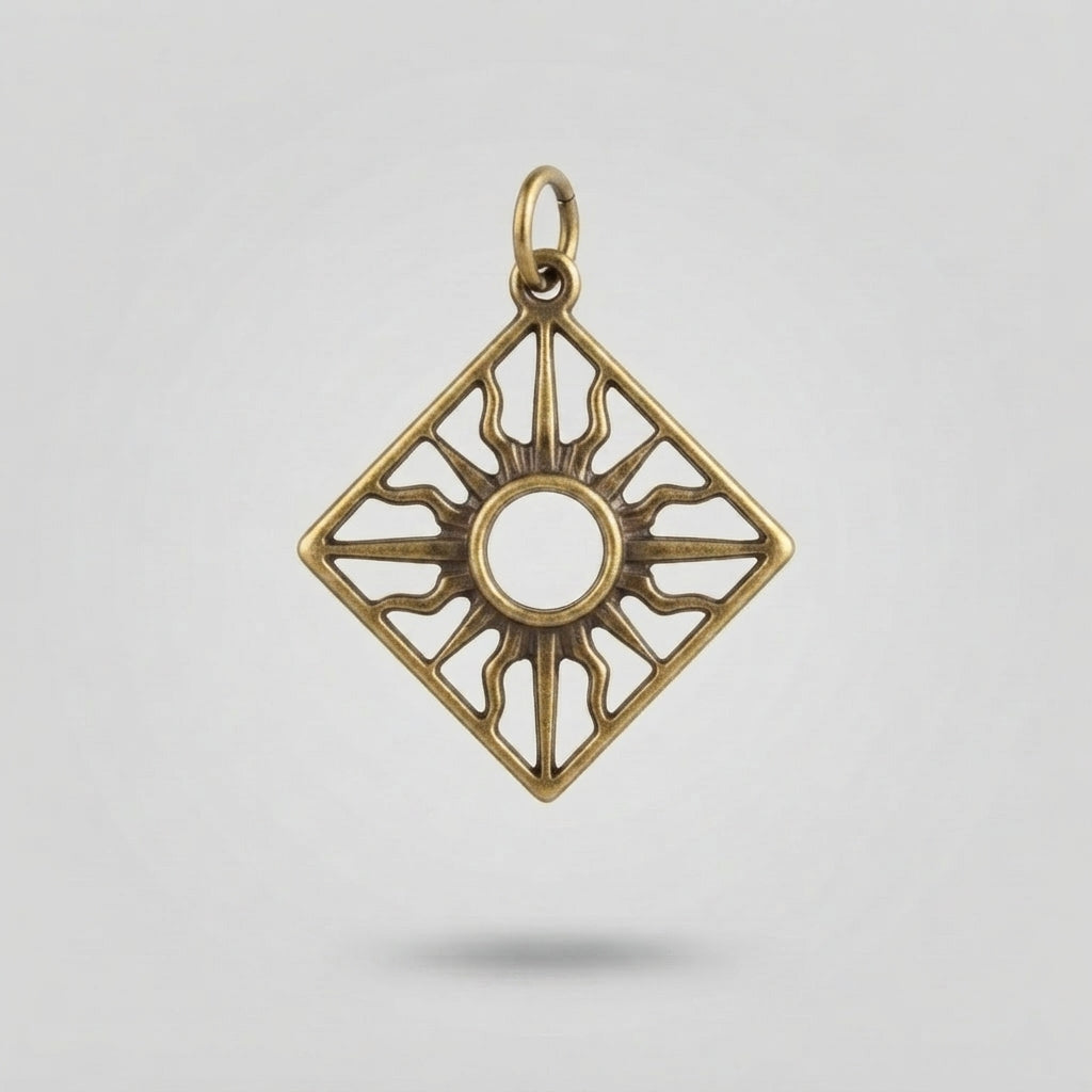 A square diamond-shaped pendant charm with a sunburst design, featuring an antique gold/bronze finish and a top loop, shown against a light gray background.