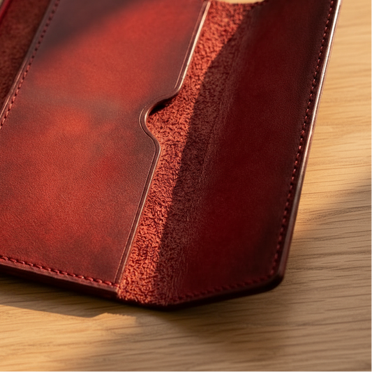 A dark red leather notebook cover or wallet shown open on a wooden surface, with a cream-colored notebook partially visible on the left.