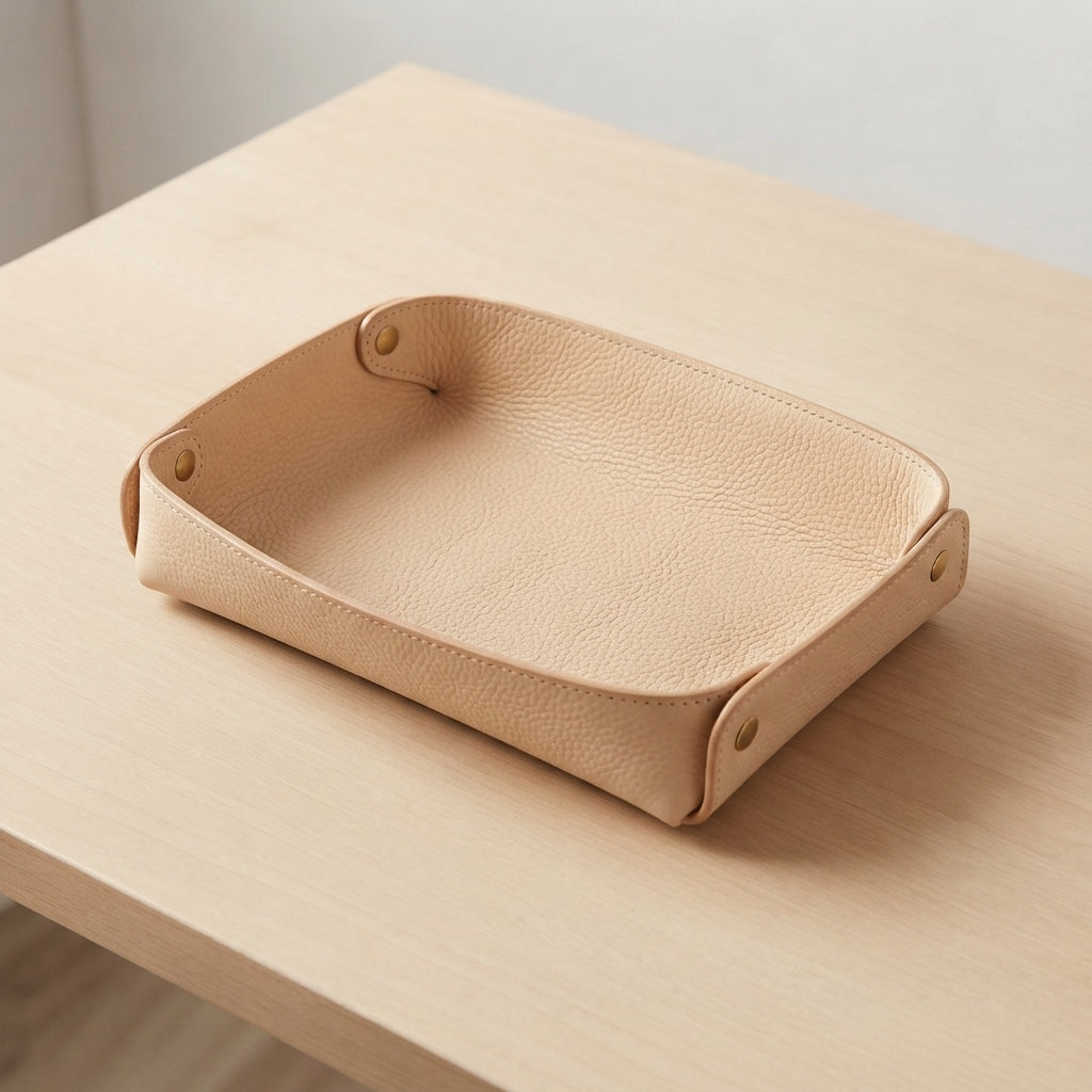 A beige pebbled leather storage tray with brass grommets, resting on a light wood table.